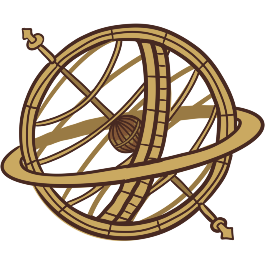 a gold colored mechanical device made of many interlocking circular bands at different angles with a small globe at the center and a long rod down the middle.